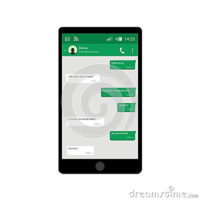 Mobile phone. Vector illustration. Vector. Messenger window. Chating and messaging concept. Green chat boxes. Cartoon Illustration