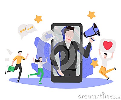 Mobile phone, woman with megaphone on screen and young people surrounding her. Influencer marketing, social media or network Vector Illustration