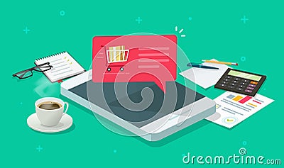 Mobile phone on working desktop table and ecommerce internet store order notification vector, isometric cartoon Vector Illustration