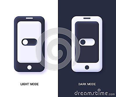 Mobile phones with dark and light Mode switcher for phone screens, tablets and computers. Enable and disable button. 3d vector Vector Illustration
