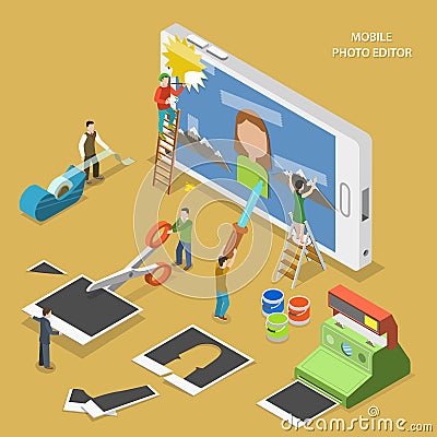 Mobile photo editor flat isometric vector concept. Vector Illustration