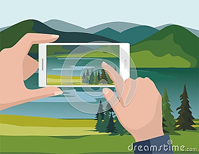 Mobile photography concept. Man taking photos of nature landscape with fir trees and river to phone. Vector Illustration