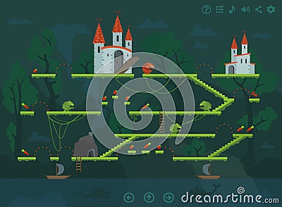 Mobile platform game level interface design elements. Vector Illustration