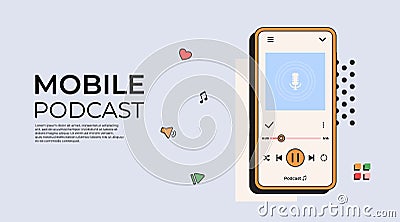 Mobile podcast. Online Podcast player on phone in retro style Cartoon Illustration