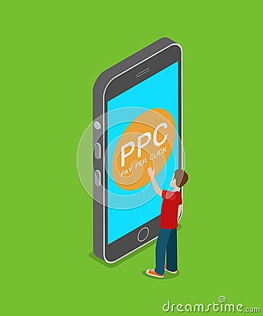 Mobile PPC pay per click smart phone flat 3d isometric vector Vector Illustration