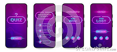 Mobile quiz game interface. Questionnaire template with multiple choice questions, exam test and evaluation app layout Vector Illustration