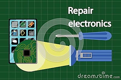 Mobile repair and service concept. Smartphone with tools and spare parts.Top view. Flat design concepts for web banners, web sites Cartoon Illustration