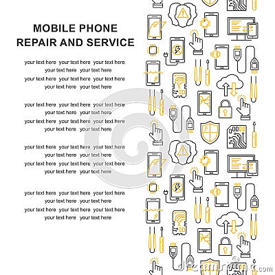 Mobile repair service, phone fix pattern with place for text. Smartphone common issues, repair, accessories background. Mobile ser Vector Illustration