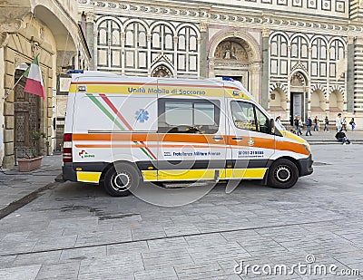 Mobile rescue unit of the Military Brotherhood of Florence in the Piazza Santa Maria Novella in Florence, Italy. Editorial Stock Photo