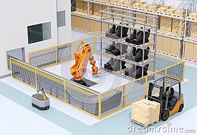 Mobile robot passing heavy payload robot cell in factory Stock Photo