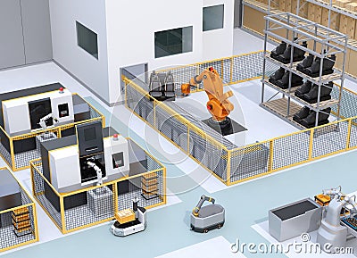 Mobile robots, heavy payload robot cell and CNC machines in smart factory Stock Photo