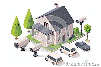 Mobile safeguarding of security infrastructures at home uses cameras and data to deploy tech-savvy security measures with alarm sy Cartoon Illustration