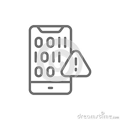 Mobile screen with binary code, mobile software problems line icon. Vector Illustration