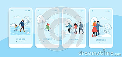 Mobile Screens Set with Family Winter Activities Vector Illustration