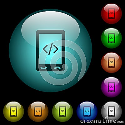 Mobile scripting icons in color illuminated glass buttons Stock Photo