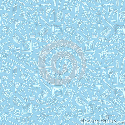 Seamless pattern in hand drawn doodle style. Line objects. Repeat background with art materials, brushes, paints and tools. Desig Vector Illustration
