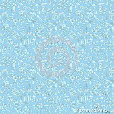 Seamless pattern in hand drawn doodle style. Line objects. Repeat background with art materials, brushes, paints and tools. Desig Vector Illustration