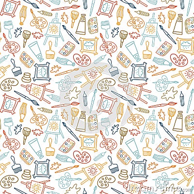 Seamless pattern in hand drawn doodle style. Line objects. Repeat background with art materials, brushes, paints and tools. Vector Illustration