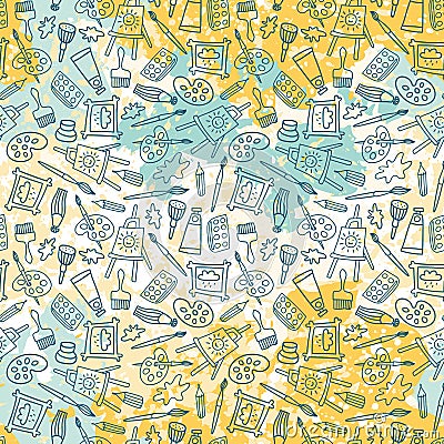 Seamless pattern in hand drawn doodle style. Line objects on the splashes of paint. Repeat background with art materials, brushes, Vector Illustration