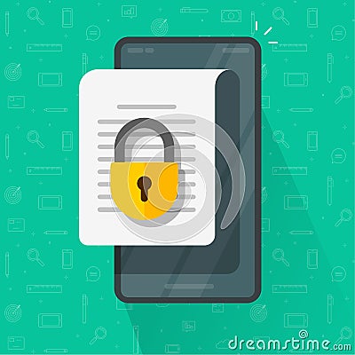 Mobile Secure confidential document online access with private lock, permission denied padlock on phone smartphone text Vector Illustration