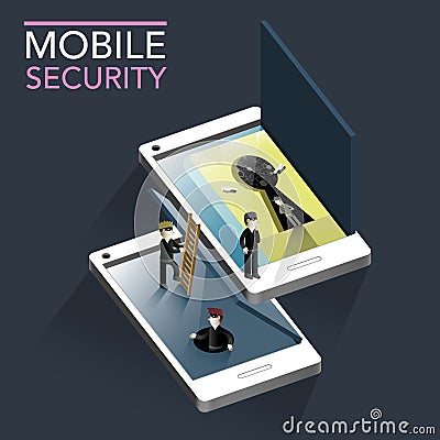 Mobile security concept flat 3d isometric infographic Vector Illustration