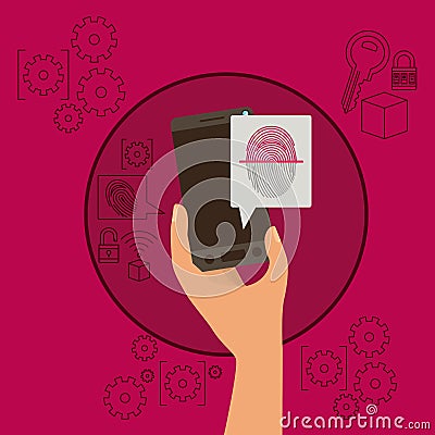 Mobile security with hand holding smartphone and fingerprint in magenta background Vector Illustration