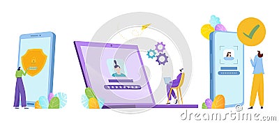 Mobile security, person entering password on phone, secure login on laptop, user profile access. Digital privacy, online Cartoon Illustration