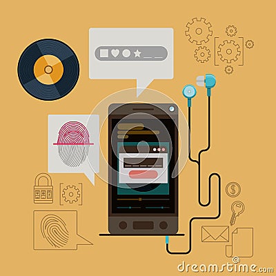 Mobile security with smartphone with earphones and secure music app fingerprint in wheat color background Vector Illustration