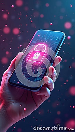 Hand holds smartphone. Mobile security tech displayed. Data protection concept. Secure phone displayed. Cybersecurity Cartoon Illustration