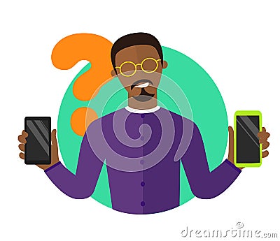 Mobile selection flat design illustration, black man choosing smartphone, isolated sign, synchronization icon Cartoon Illustration