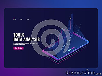 Mobile service data analysis and information statistic, financial report, online bank icon isometric vector illustration Vector Illustration