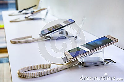 Mobile show in cell phones shop. Stock Photo