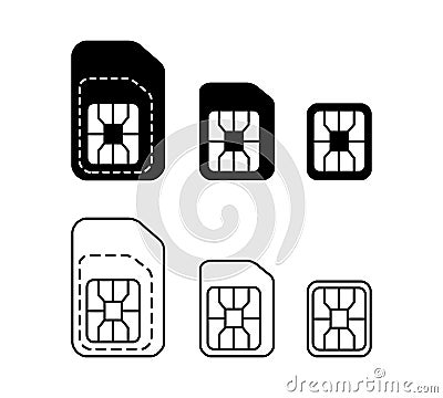 Mobile SIM card icons set. Normal, Micro, Nano type compatible SIM-card symbol. Vector Illustration