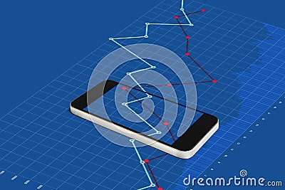 Mobile smart phone and blue raising graph background Stock Photo