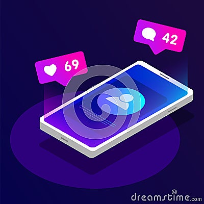 Mobile smart phone with likes, messages, new comments and followers push notification isometric concept. Vector set social media Vector Illustration