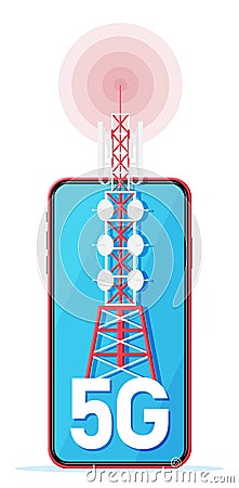 Mobile Smartphone and 5G Communication Tower. Vector Illustration