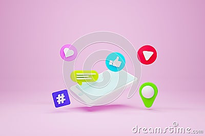 Mobile smartphone and icon speech bubble, hashtag, pin map, like and play streaming Cartoon Illustration