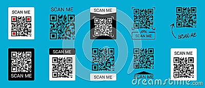 Mobile Smartphone QR Code Application Button With Scan Me Sign - Vector Illustrations Icon Set Isolated On Blue Background Vector Illustration