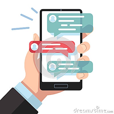Mobile sms notifications. Hand with smartphone with online texting messages. Dialogue interfaces, chatting application Vector Illustration