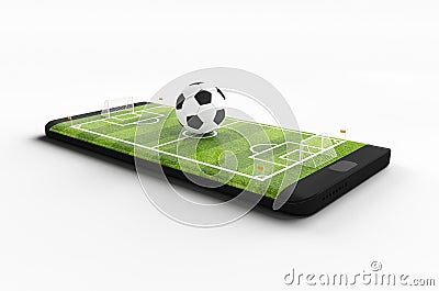 Mobile soccer. Football field on the smartphone screen and ball. Online ticket sales concept. 3d rendering Stock Photo