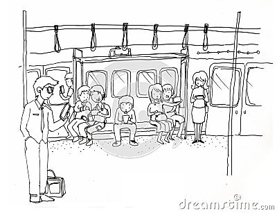 Mobile society, everybody use smartphone Cartoon Illustration