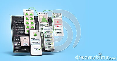 Mobile software development concept smartphone with ui elements around 3d render on blue Stock Photo