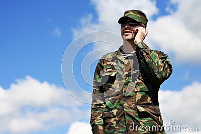 Soldier Mobile Phone, Military Man Camouflage Army Uniform calling Stock Photo
