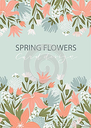 Summer flowers on the blue background. Floral poster or greeting card design with place for your text. Vector Illustration