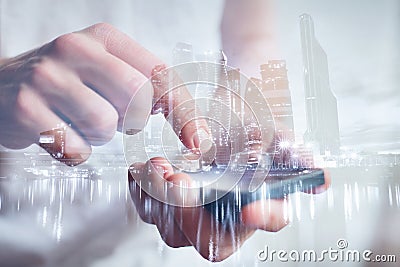 Mobile technology, double exposure, smartphone Stock Photo