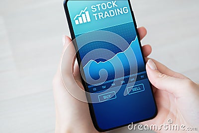 Mobile trading application with stock market chart on smartphone screen. Forex investment business technology concept Stock Photo