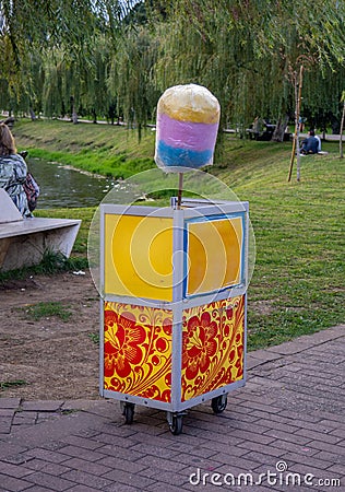 Mobile tray selling cotton candy. Local business. Sweets for children Stock Photo