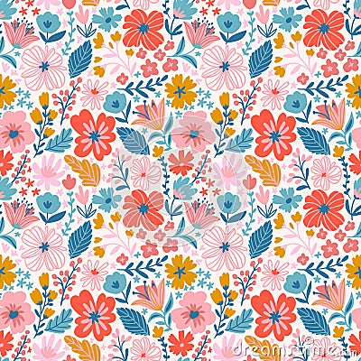 Fabric design with simple flowers. Trendy seamless floral Vector cute repeated pattern for baby fabric, wallpaper or wrap paper. Vector Illustration