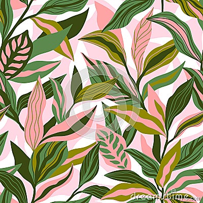 Tropical leaves hand drawn seamless pattern. Botanical trendy design in pink and green colors. Vector repeating design for fabric, Stock Photo