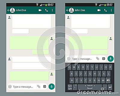 Mobile UI kit Chat app with mobile keyboard template on smartphone screen. Vector Illustration